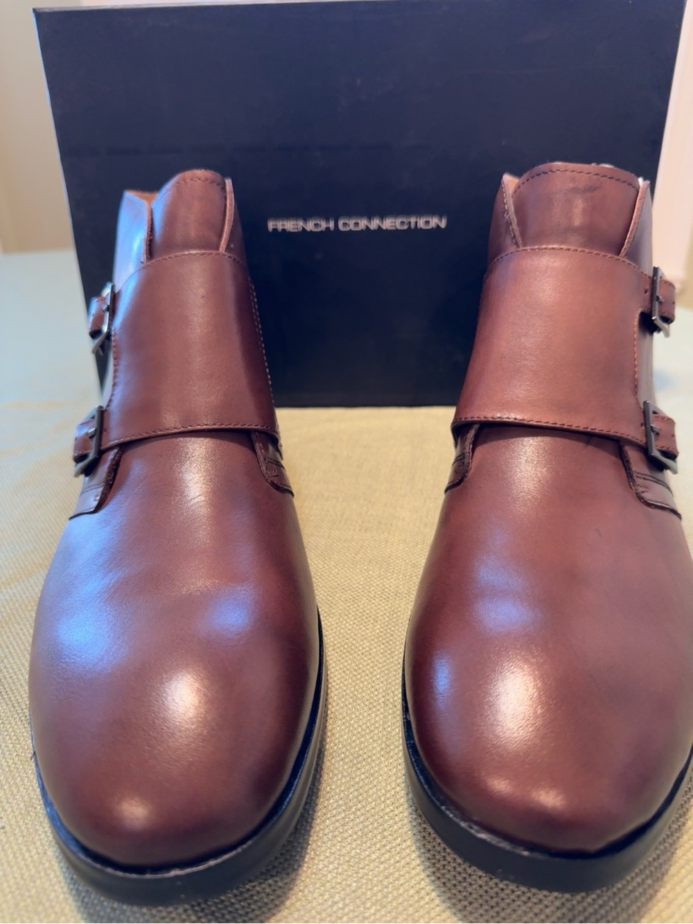 NWT French Connection FC Foyer Cognac Leather Double Monk Strap Boots Size 12